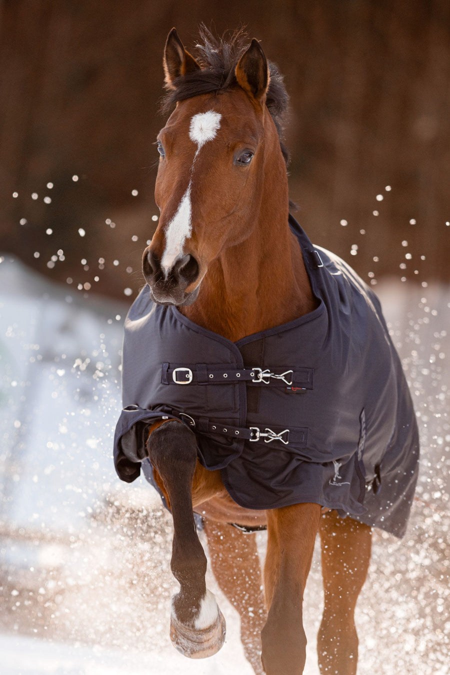 Couverture imperméable d'extérieur RugBe Zero 0 g bleu marine – de face dans la neige