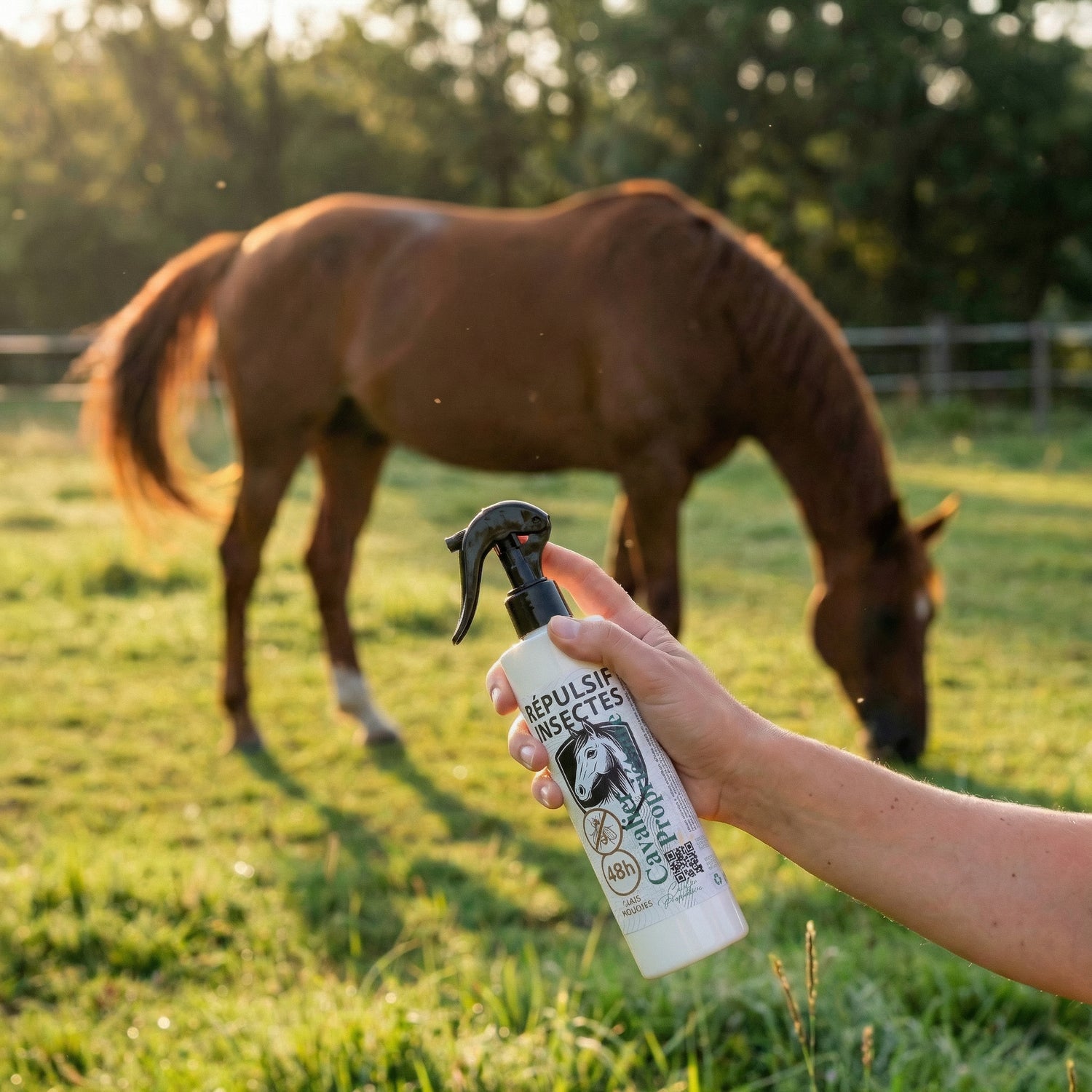 A peaceful bay horse grazing in a green paddock during golden hour. The horse is calm, tail relaxed, no flies visible. I